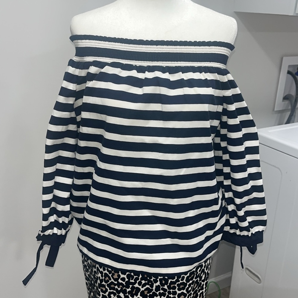 Jcrew navy blue stripped off the shoulder top NWT